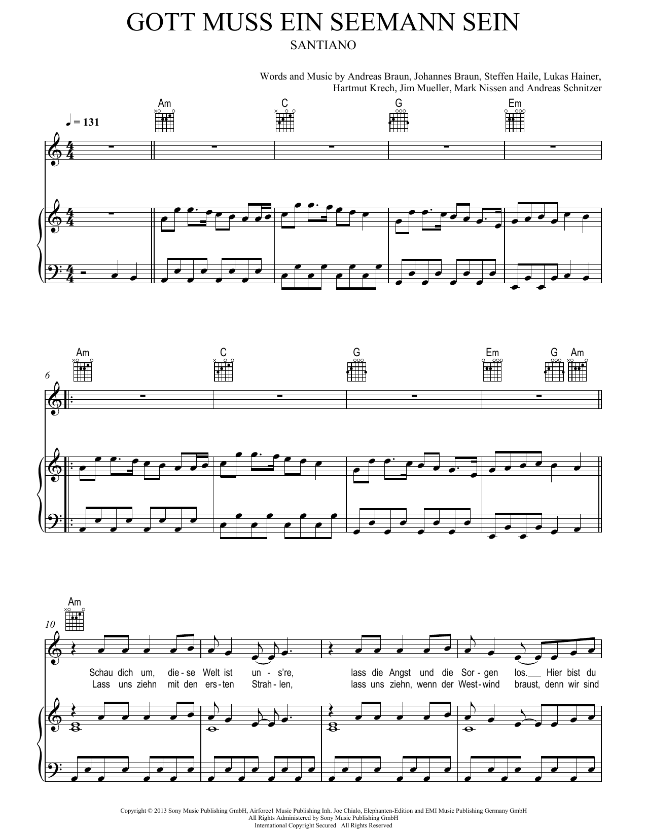 Santiano Gott muss ein Seemann sein sheet music notes and chords arranged for Piano, Vocal & Guitar Chords (Right-Hand Melody)