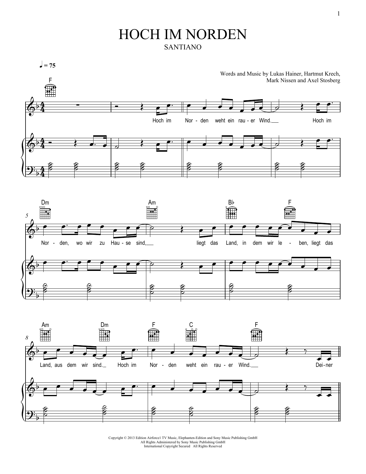 Santiano Hoch im Norden sheet music notes and chords arranged for Piano, Vocal & Guitar Chords (Right-Hand Melody)