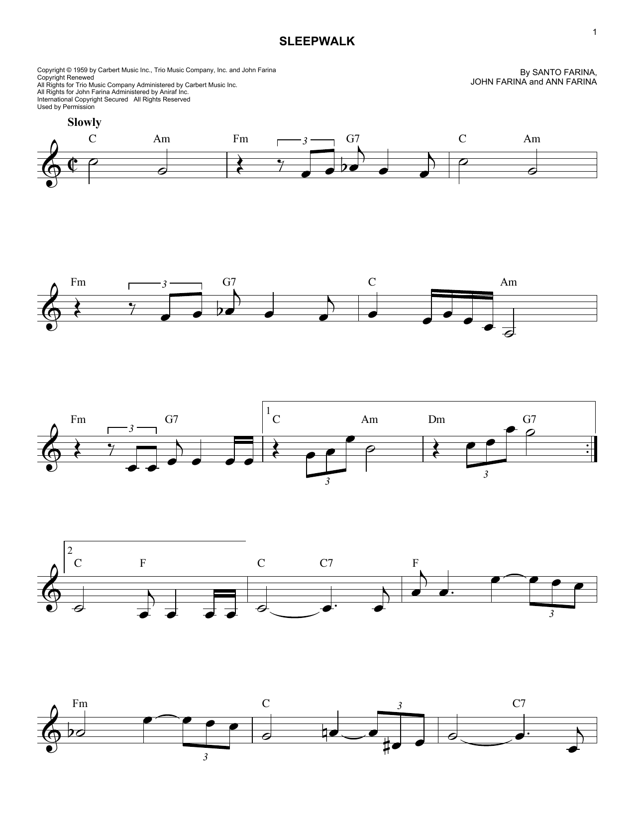 Santo & Johnny Sleepwalk (Instrumental Version) sheet music notes and chords arranged for Lead Sheet / Fake Book