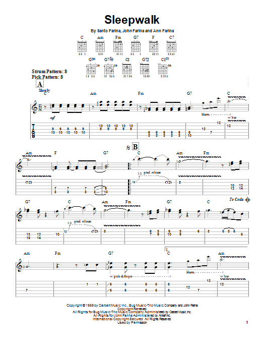 Santo & Johnny Sleepwalk sheet music notes and chords arranged for Guitar Tab (Single Guitar)