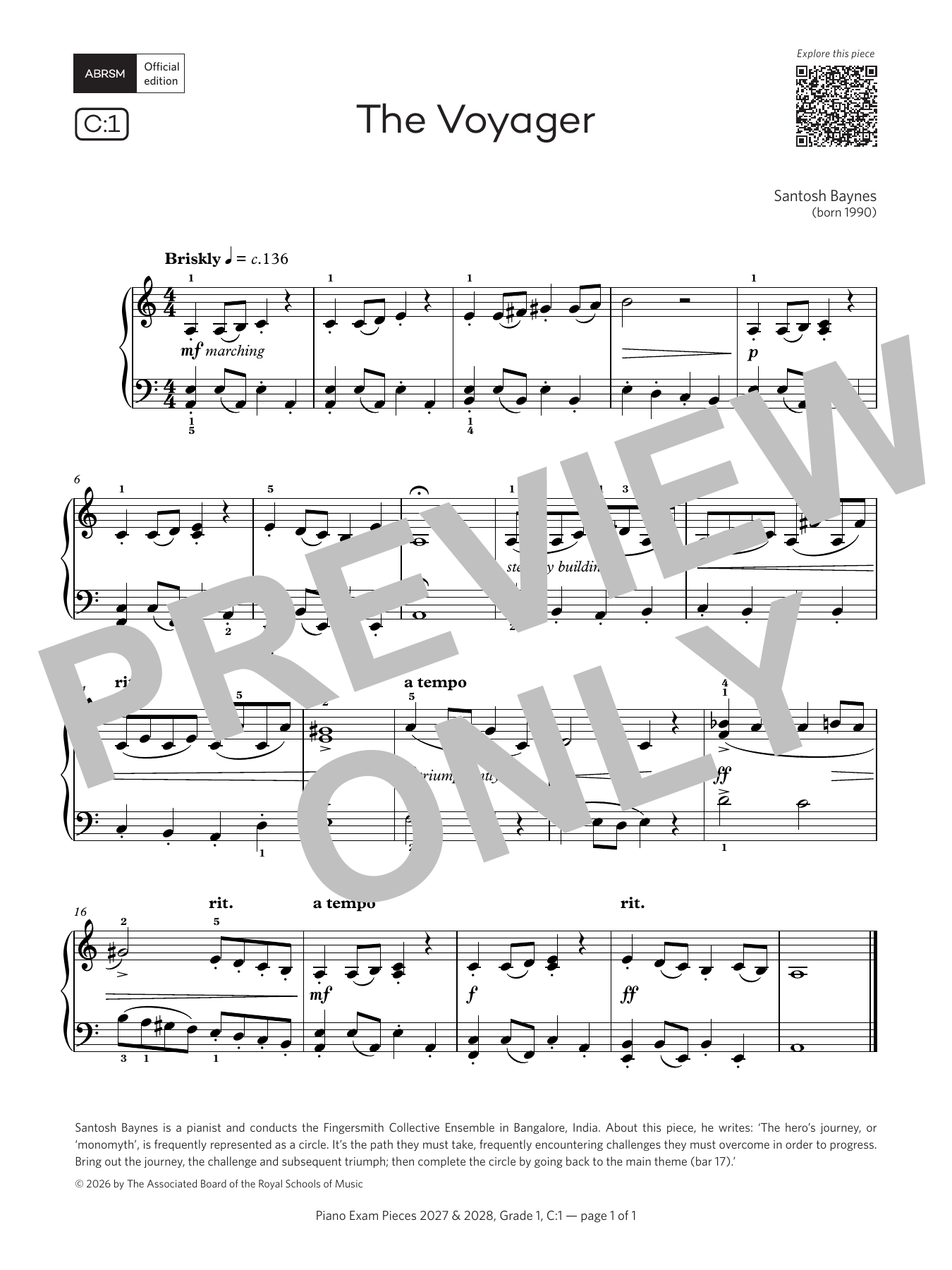 Santosh Baynes The Voyager (Grade 1, list C1, from the ABRSM Piano Syllabus 2027 & 2028) sheet music notes and chords arranged for Piano Solo