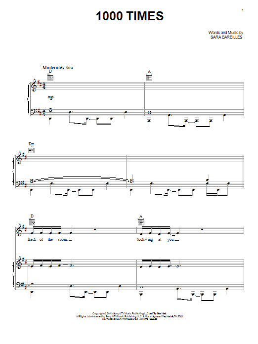 Sara Bareilles 1000 Times sheet music notes and chords arranged for Piano, Vocal & Guitar Chords (Right-Hand Melody)