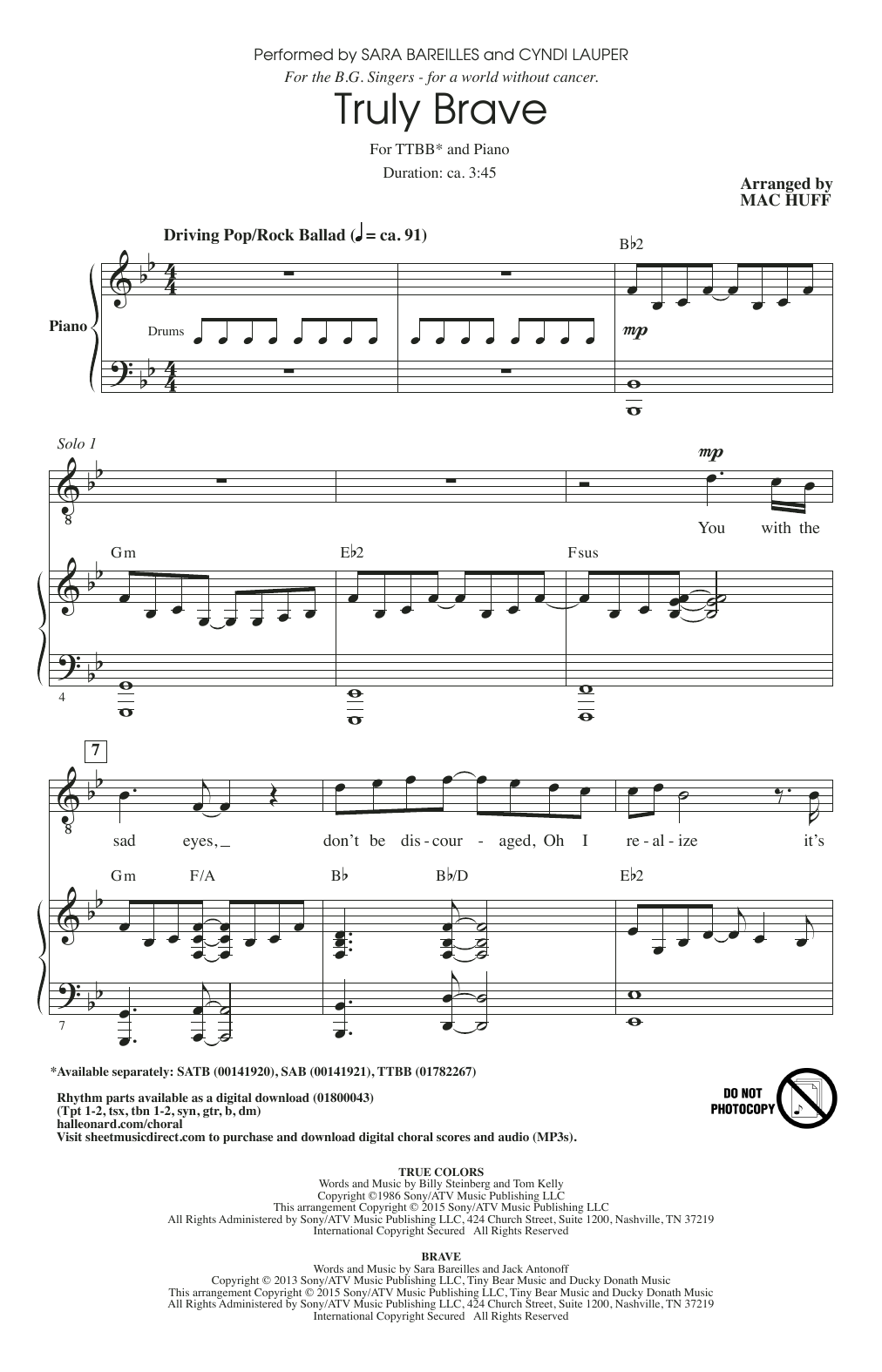 Sara Bareilles & Cyndi Lauper Truly Brave (arr. Mac Huff) sheet music notes and chords arranged for TTBB Choir
