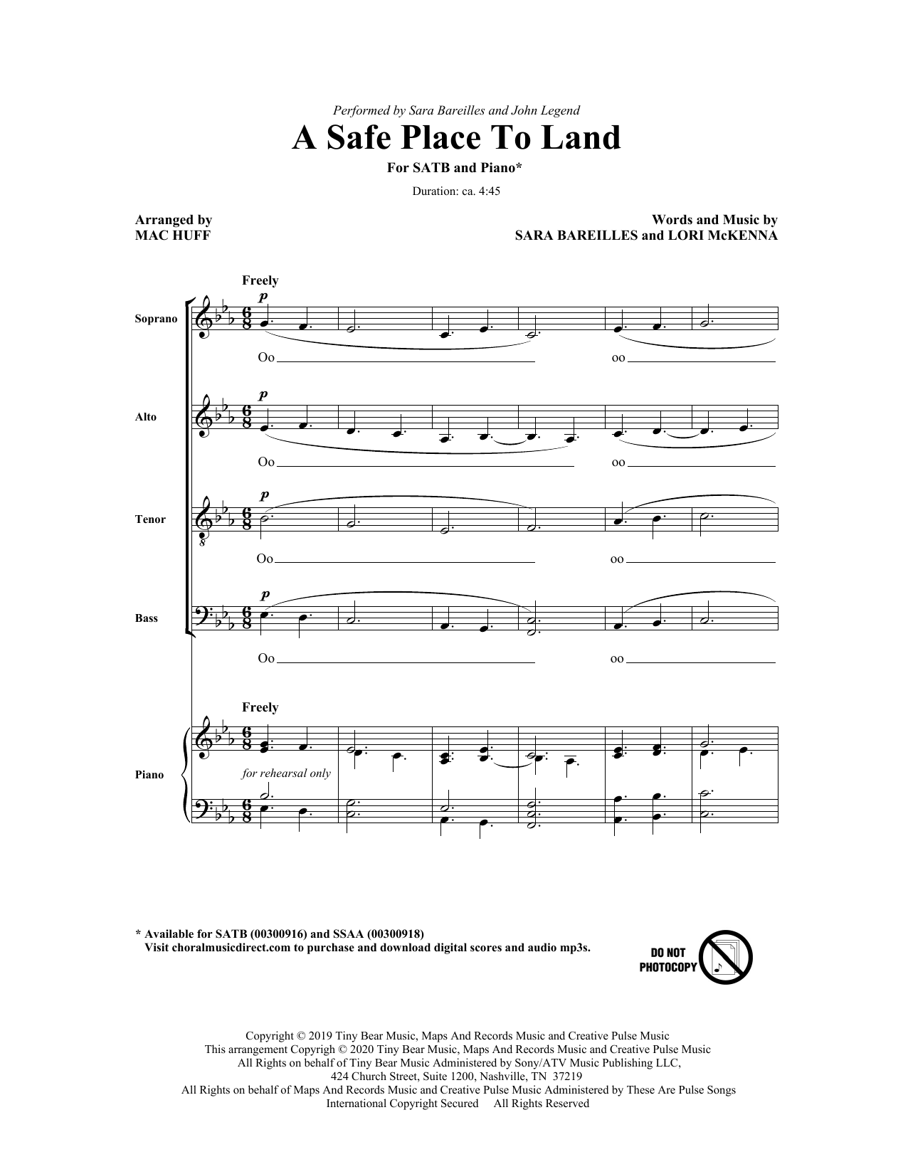 Sara Bareilles A Safe Place To Land (feat. John Legend) (arr. Mac Huff) sheet music notes and chords arranged for SSA Choir