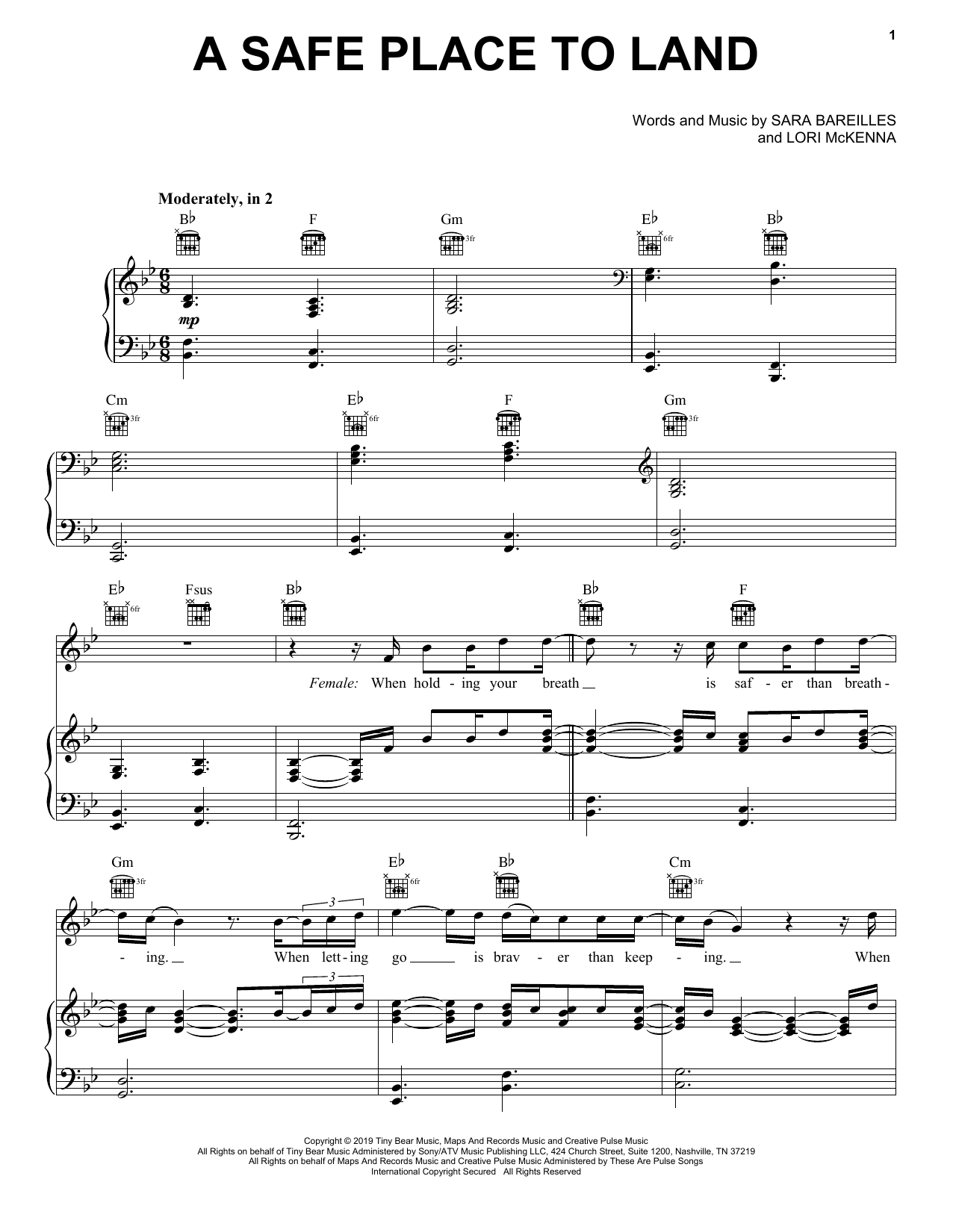 Sara Bareilles A Safe Place To Land (feat. John Legend) sheet music notes and chords arranged for Piano, Vocal & Guitar Chords (Right-Hand Melody)