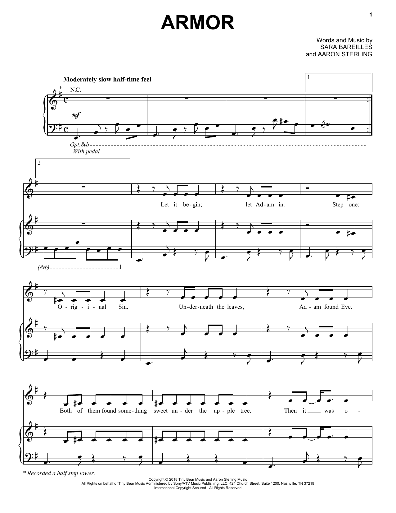 Sara Bareilles Armor sheet music notes and chords arranged for Piano, Vocal & Guitar Chords (Right-Hand Melody)