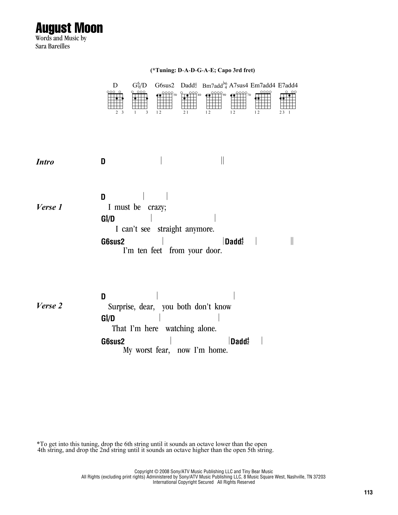 Sara Bareilles August Moon sheet music notes and chords arranged for Guitar Chords/Lyrics