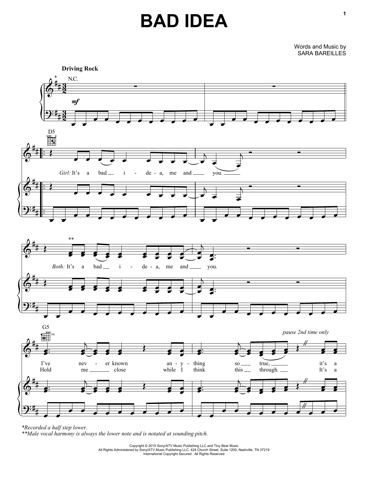 Sara Bareilles Bad Idea (from Waitress The Musical) sheet music notes and chords arranged for Piano & Vocal