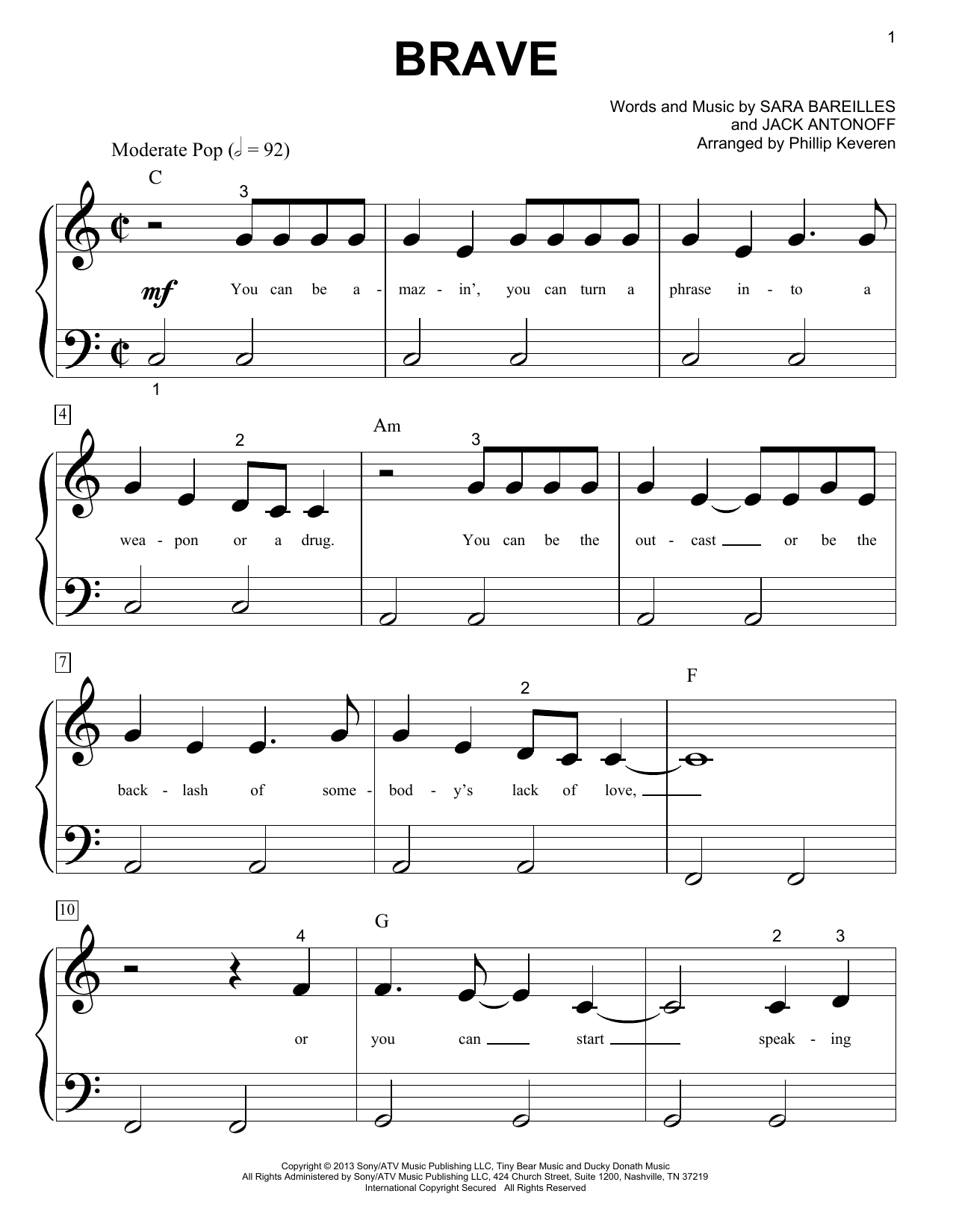 Sara Bareilles Brave (arr. Phillip Keveren) sheet music notes and chords arranged for Big Note Piano