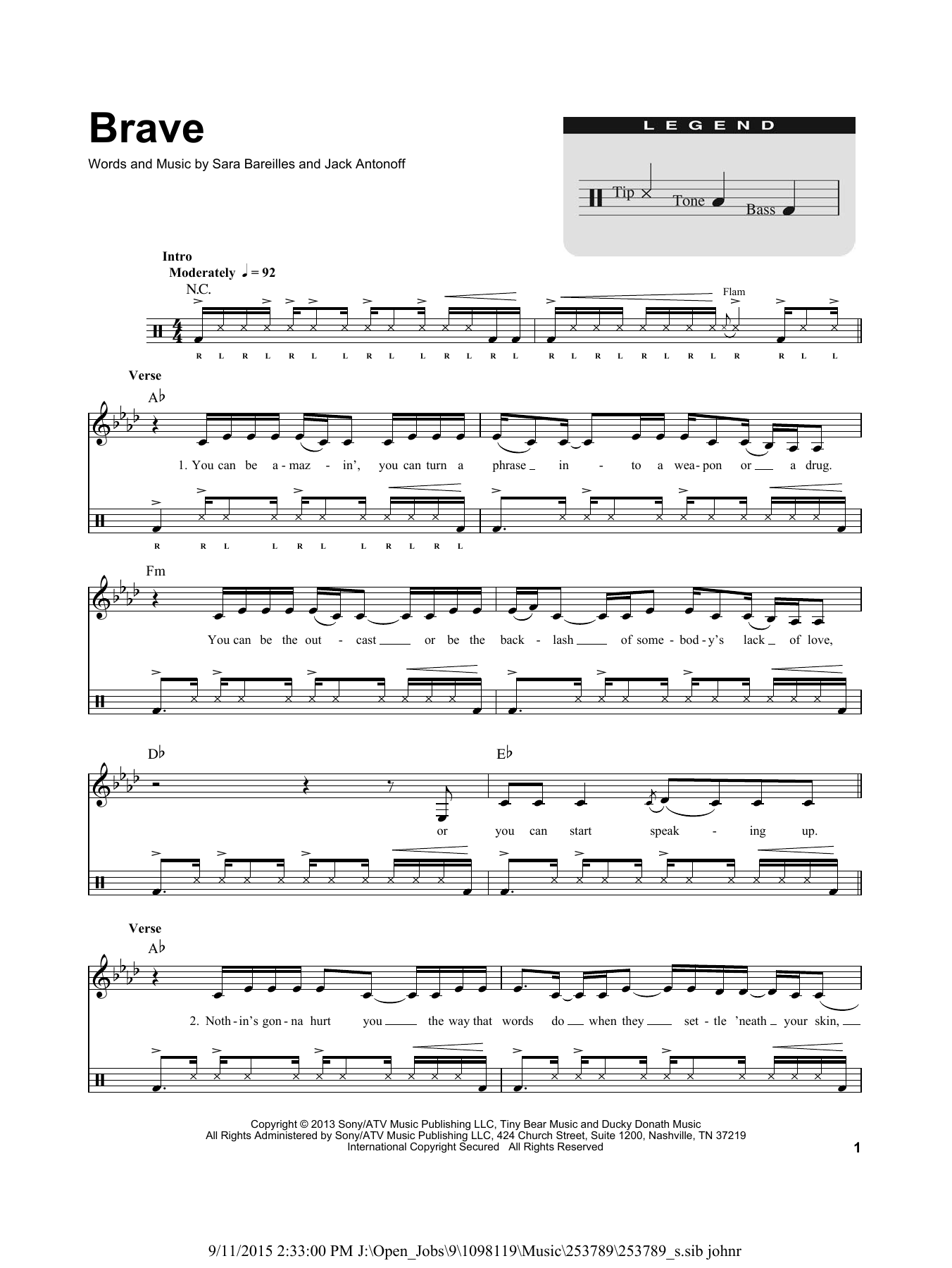 Sara Bareilles Brave (for Acoustic Guitar, Voice and Cajón) sheet music notes and chords arranged for Drums Transcription
