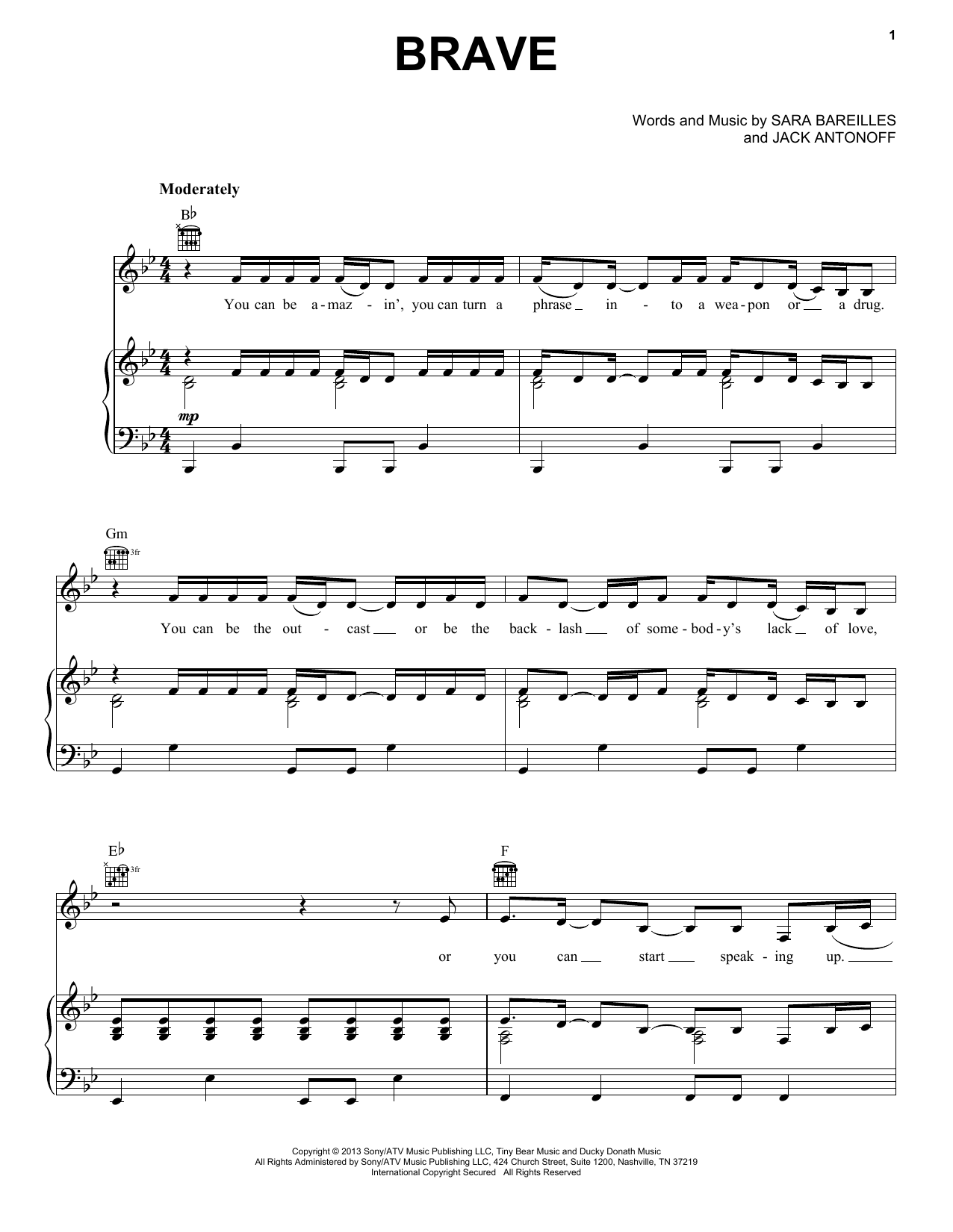 Sara Bareilles Brave sheet music notes and chords arranged for Easy Guitar