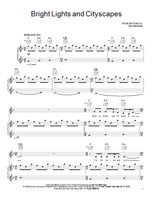 Sara Bareilles Bright Lights And Cityscapes sheet music notes and chords arranged for Guitar Chords/Lyrics