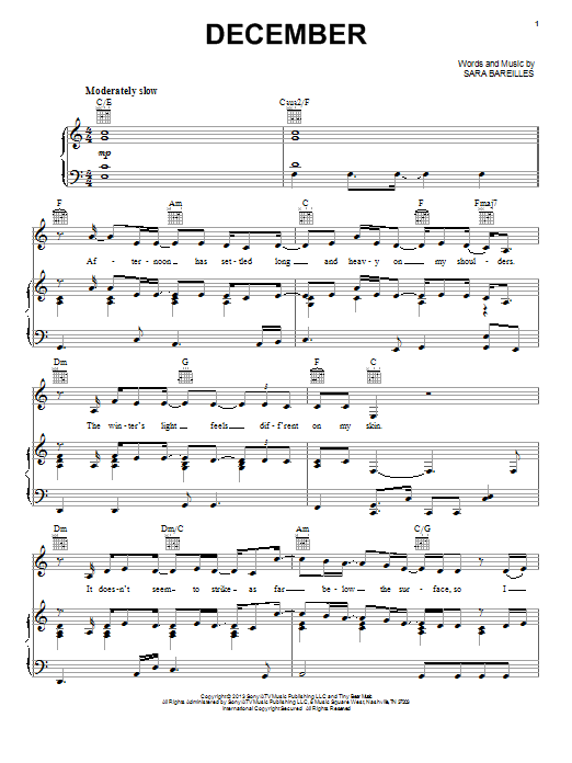 Sara Bareilles December sheet music notes and chords arranged for Piano, Vocal & Guitar Chords (Right-Hand Melody)