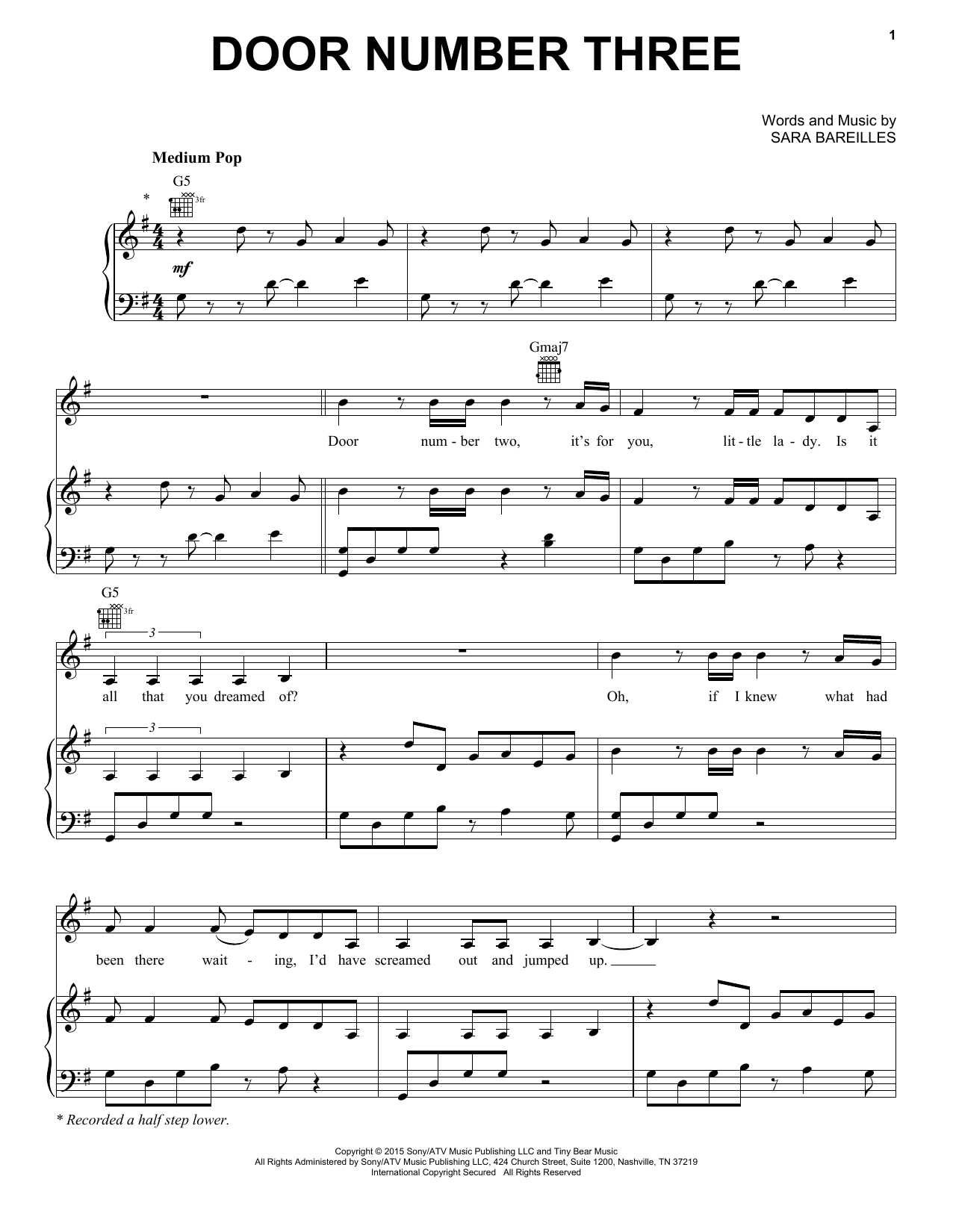 Sara Bareilles Door Number Three sheet music notes and chords arranged for Piano, Vocal & Guitar Chords (Right-Hand Melody)
