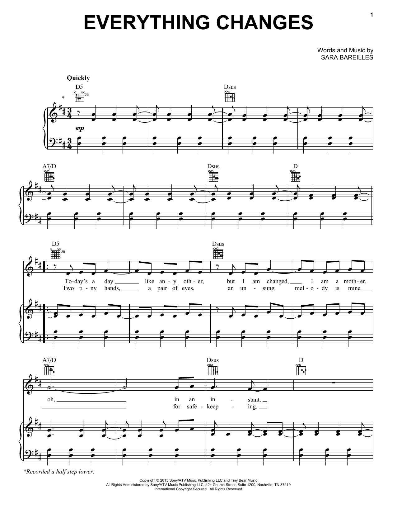 Sara Bareilles Everything Changes (from Waitress The Musical) sheet music notes and chords arranged for Easy Piano
