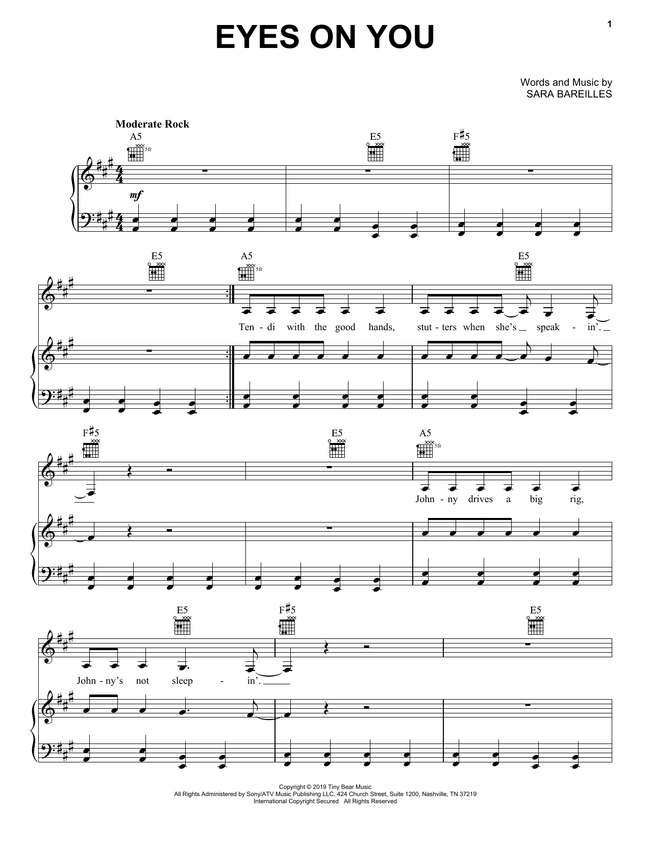 Sara Bareilles Eyes On You sheet music notes and chords arranged for Piano, Vocal & Guitar Chords (Right-Hand Melody)