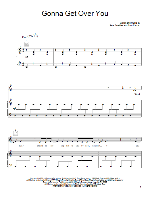 Sara Bareilles Gonna Get Over You sheet music notes and chords arranged for Big Note Piano