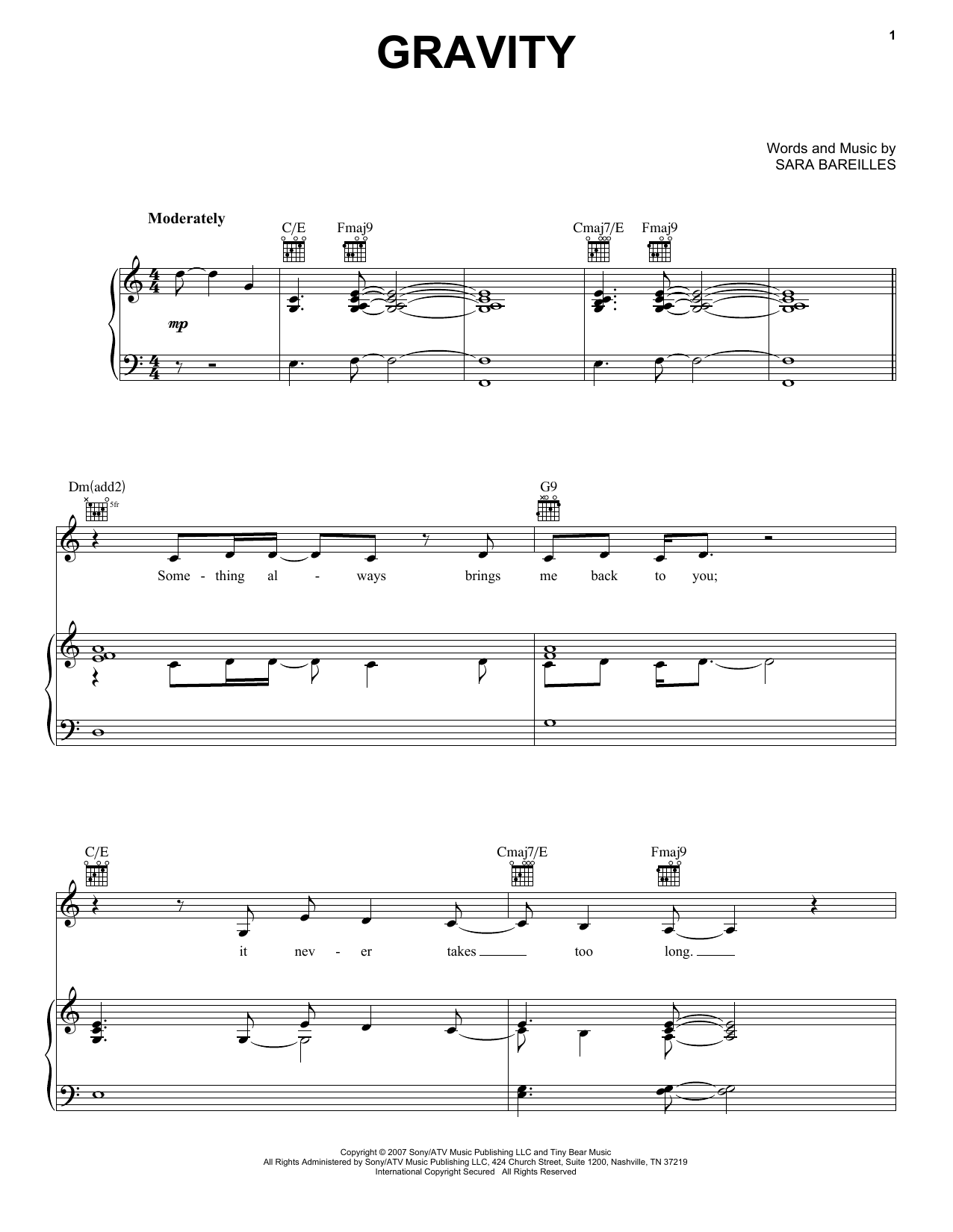 Sara Bareilles Gravity sheet music notes and chords arranged for Piano, Vocal & Guitar Chords (Right-Hand Melody)