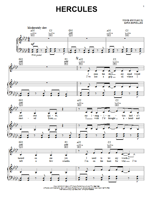 Sara Bareilles Hercules sheet music notes and chords arranged for Piano, Vocal & Guitar Chords (Right-Hand Melody)