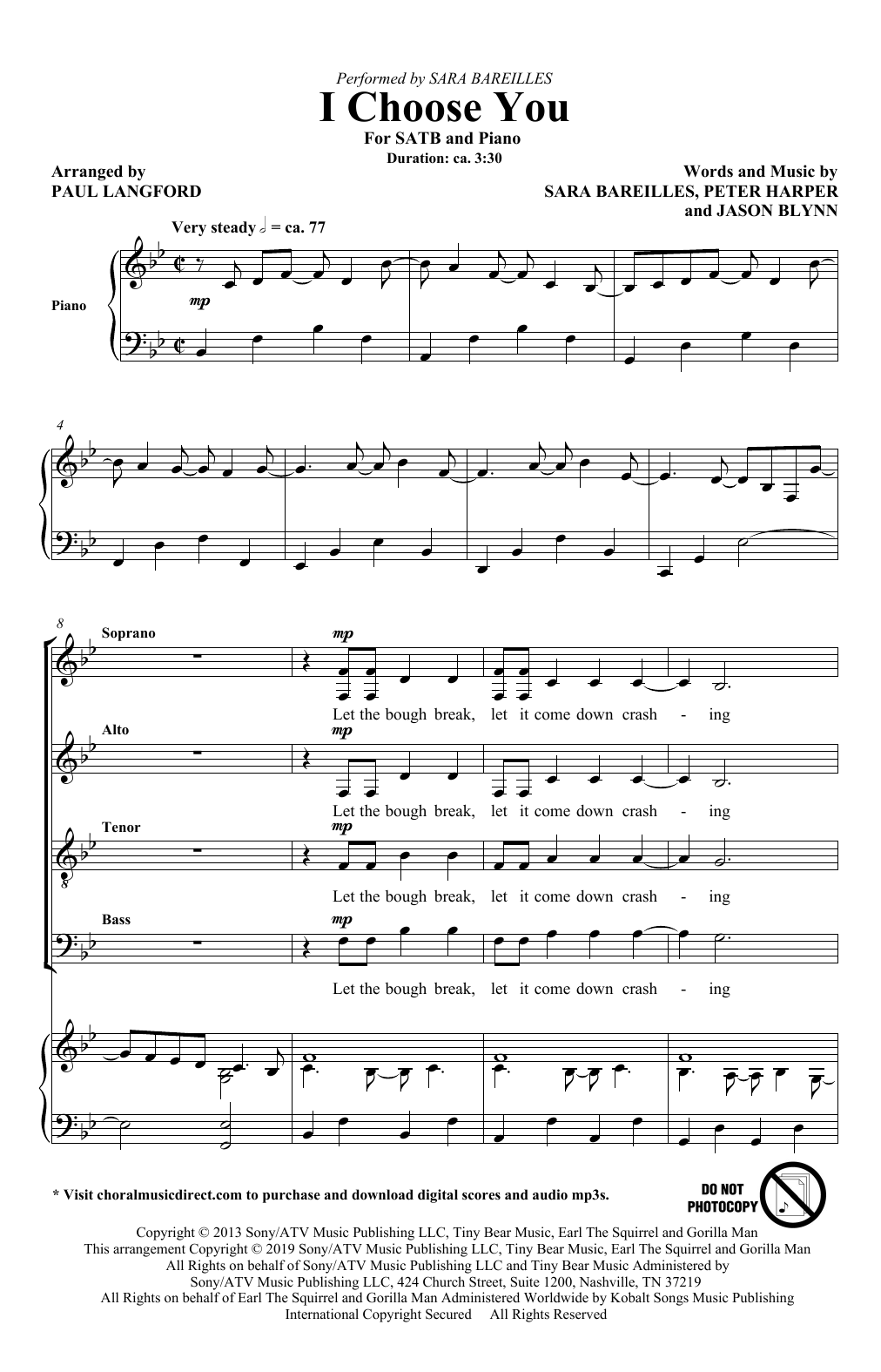 Sara Bareilles I Choose You (arr. Paul Langford) sheet music notes and chords arranged for SATB Choir