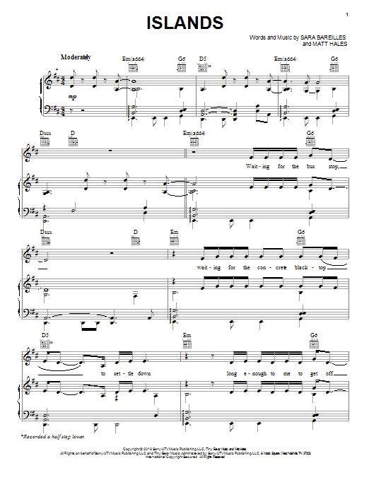 Sara Bareilles Islands sheet music notes and chords arranged for Piano, Vocal & Guitar Chords (Right-Hand Melody)
