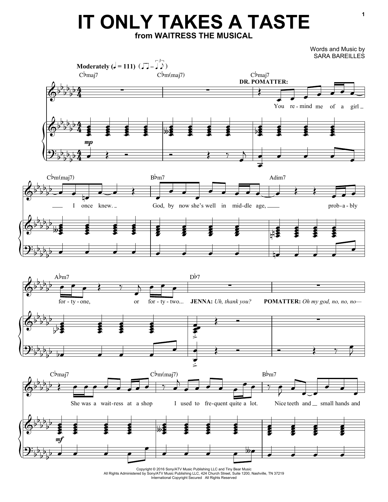 Sara Bareilles It Only Takes A Taste (from Waitress The Musical) sheet music notes and chords arranged for Piano & Vocal