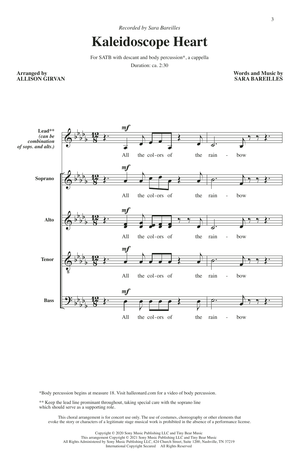 Sara Bareilles Kaleidoscope Heart (arr. Allison Girvan) sheet music notes and chords arranged for SSA Choir