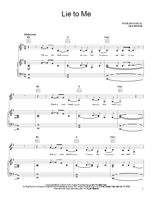 Sara Bareilles Lie To Me sheet music notes and chords arranged for Guitar Chords/Lyrics