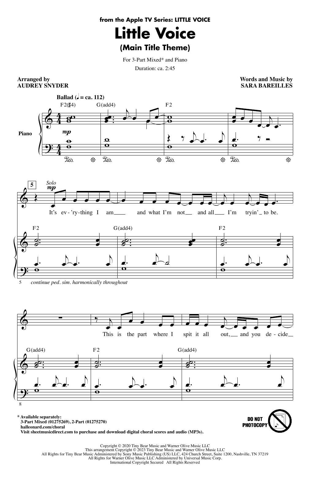 Sara Bareilles Little Voice - Main Title Theme (arr. Audrey Snyder) sheet music notes and chords arranged for 3-Part Mixed Choir