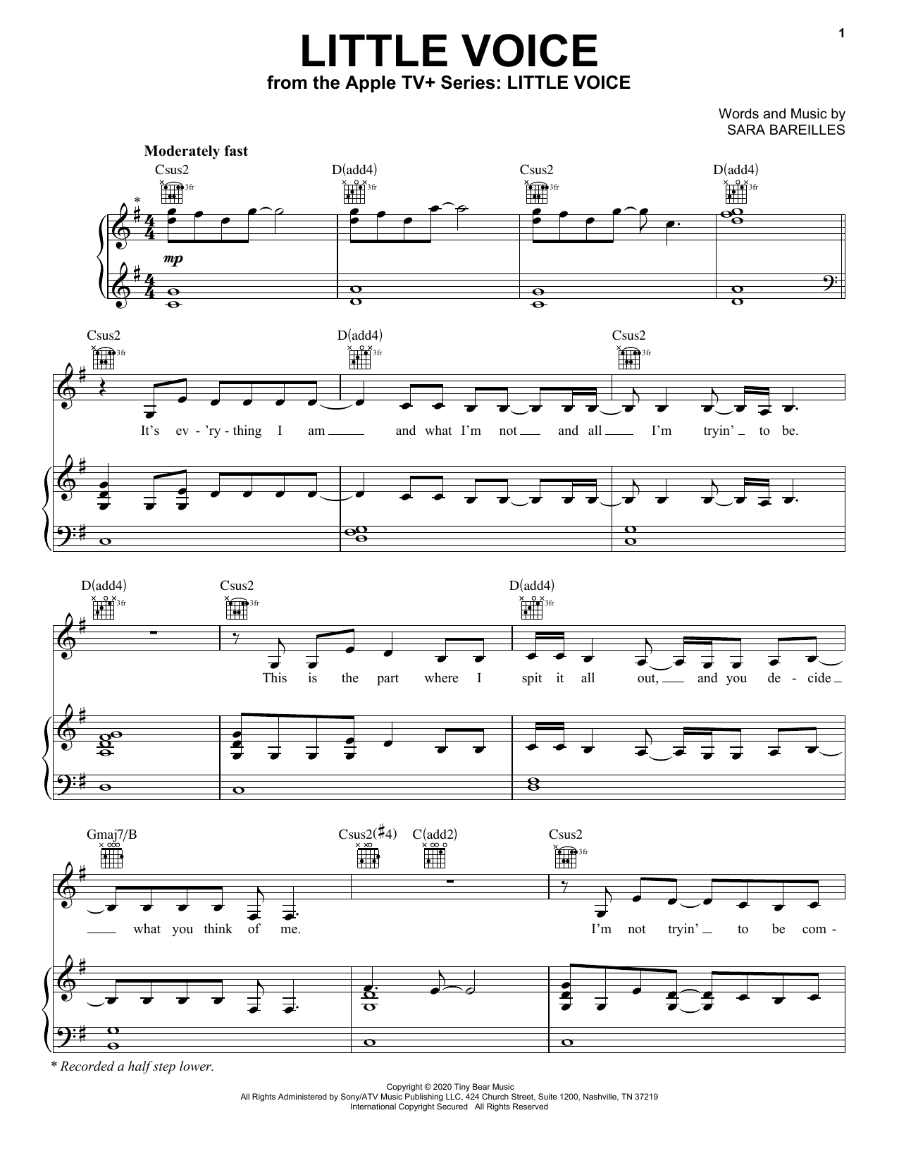Sara Bareilles Little Voice (from the Apple TV+ Series: Little Voice) sheet music notes and chords arranged for Piano, Vocal & Guitar Chords (Right-Hand Melody)