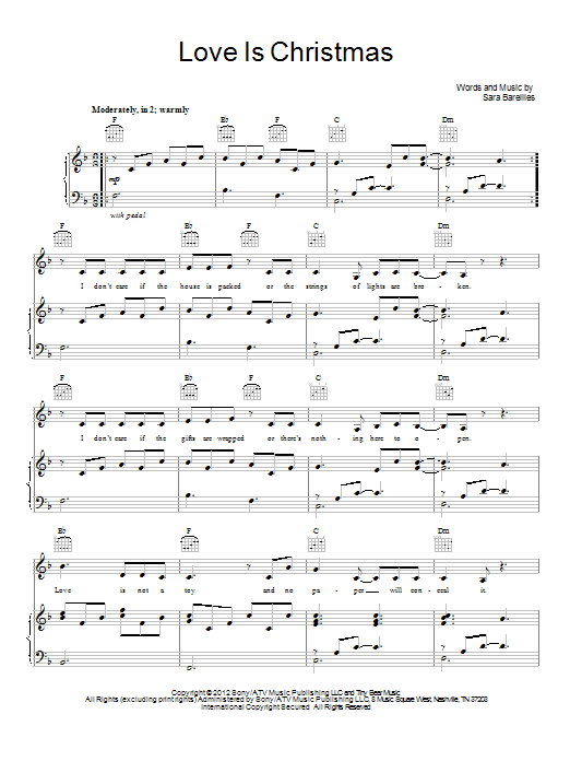 Sara Bareilles Love Is Christmas sheet music notes and chords arranged for Piano, Vocal & Guitar Chords (Right-Hand Melody)