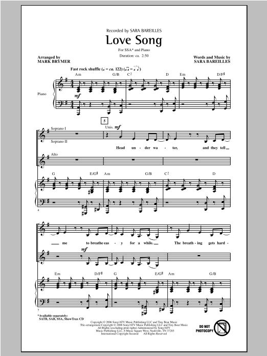 Sara Bareilles Love Song (arr. Mark Brymer) sheet music notes and chords arranged for SSA Choir