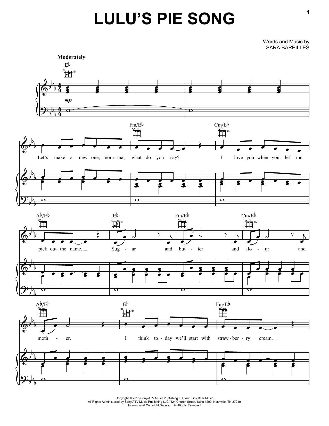 Sara Bareilles Lulu's Pie Song sheet music notes and chords arranged for Piano, Vocal & Guitar Chords (Right-Hand Melody)