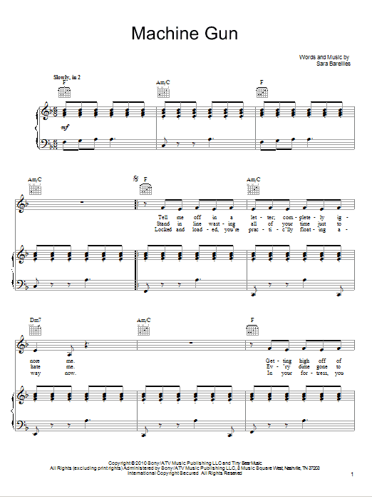 Sara Bareilles Machine Gun sheet music notes and chords arranged for Piano, Vocal & Guitar Chords (Right-Hand Melody)