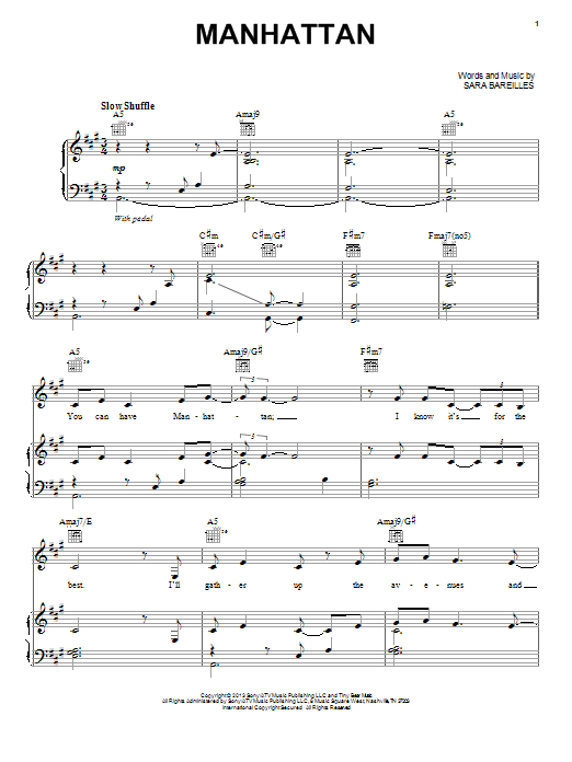 Sara Bareilles Manhattan sheet music notes and chords arranged for Big Note Piano