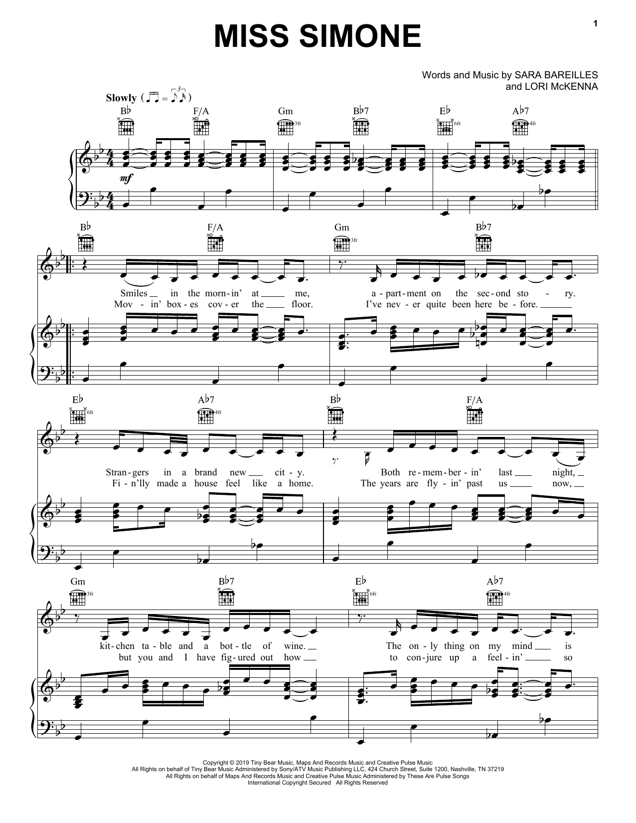 Sara Bareilles Miss Simone sheet music notes and chords arranged for Piano, Vocal & Guitar Chords (Right-Hand Melody)