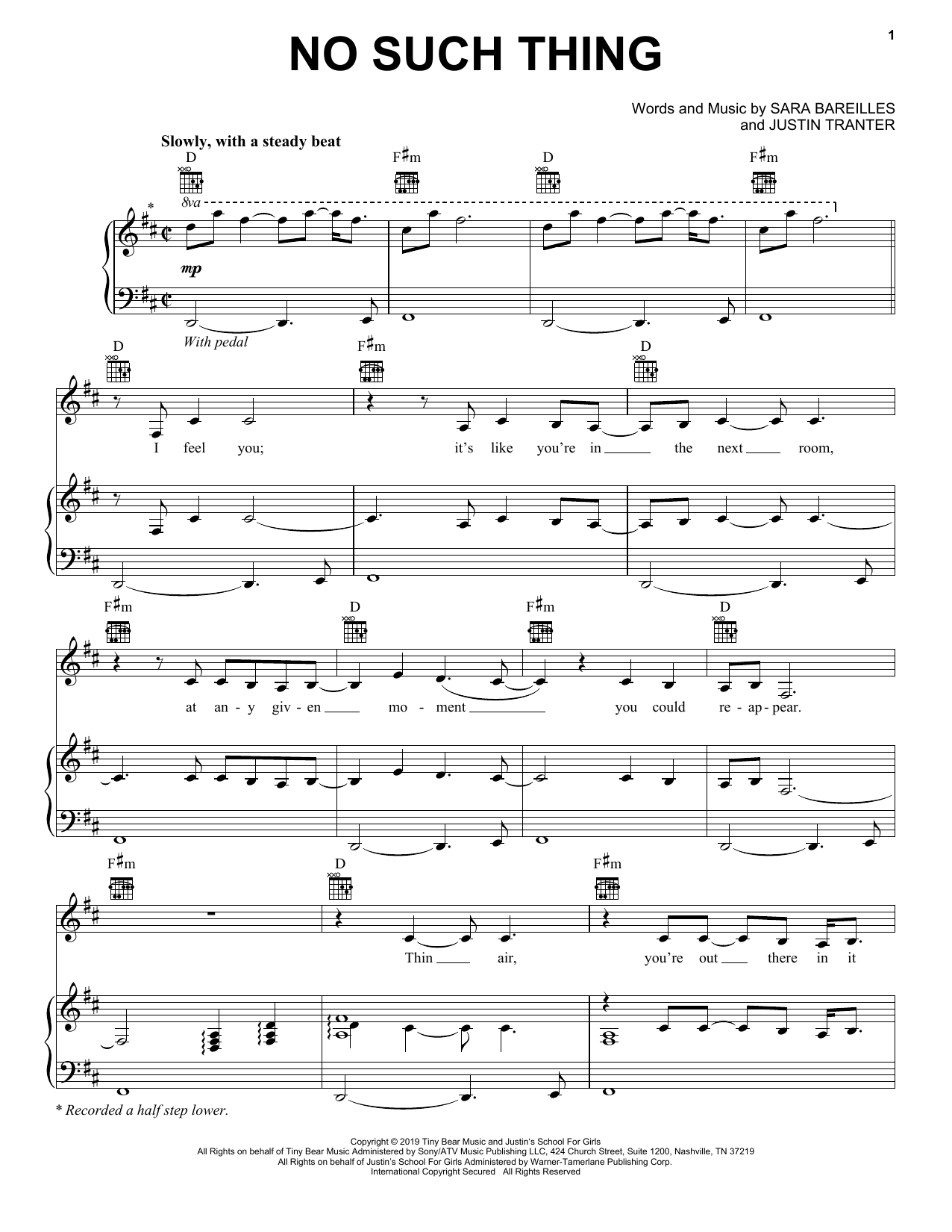 Sara Bareilles No Such Thing sheet music notes and chords arranged for Piano, Vocal & Guitar Chords (Right-Hand Melody)