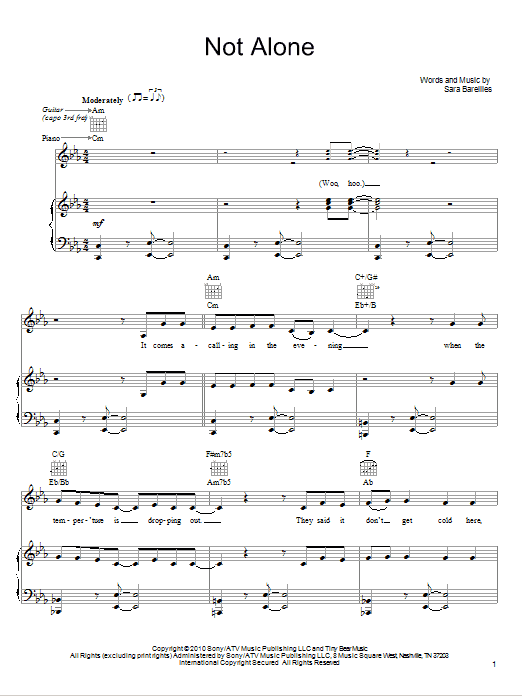 Sara Bareilles Not Alone sheet music notes and chords arranged for Piano, Vocal & Guitar Chords (Right-Hand Melody)