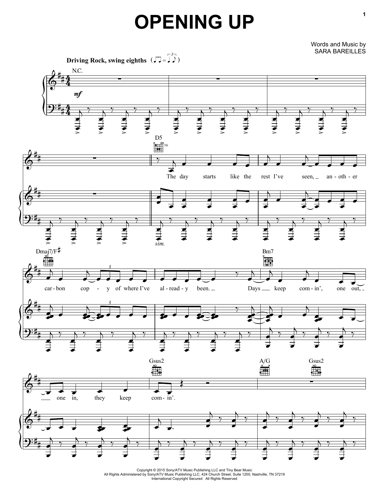 Sara Bareilles Opening Up (from Waitress The Musical) sheet music notes and chords arranged for Piano, Vocal & Guitar Chords (Right-Hand Melody)