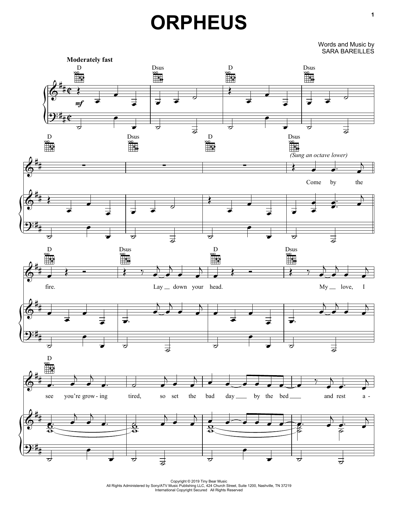 Sara Bareilles Orpheus sheet music notes and chords arranged for Piano, Vocal & Guitar Chords (Right-Hand Melody)