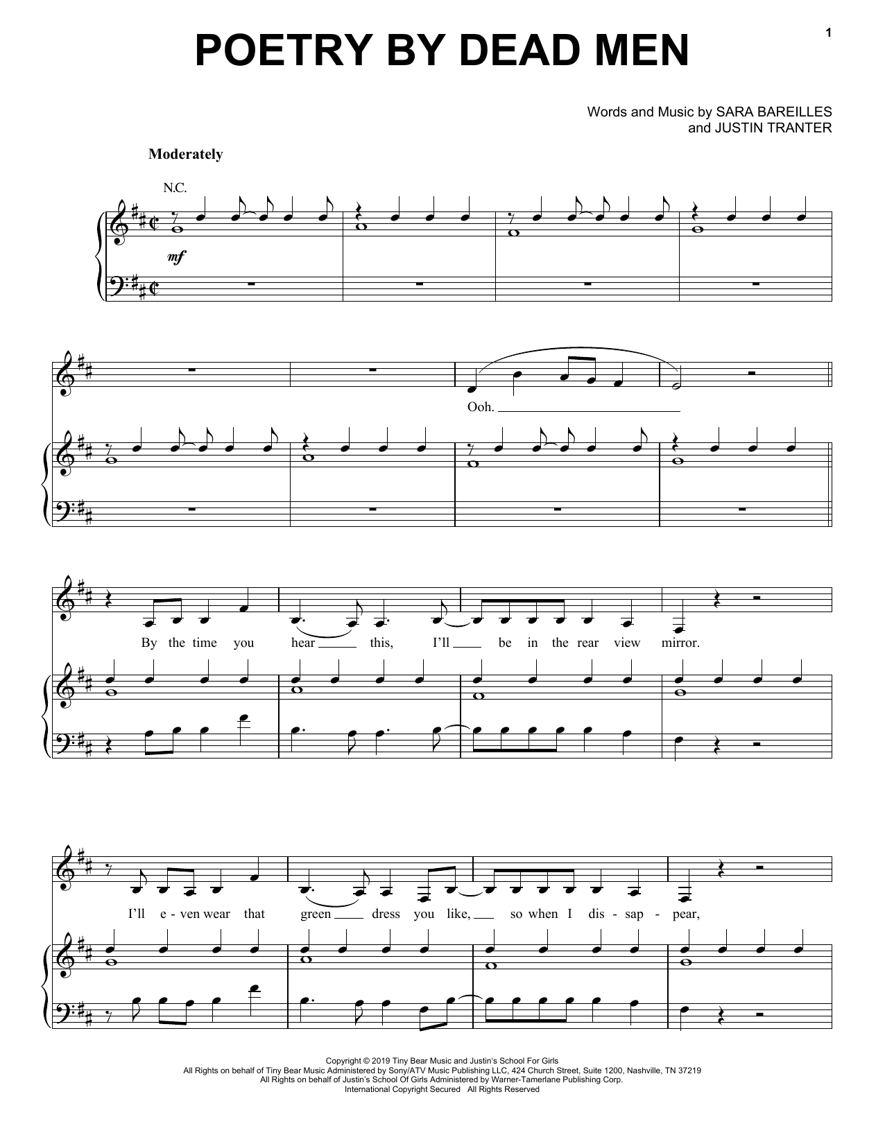 Sara Bareilles Poetry By Dead Men sheet music notes and chords arranged for Piano, Vocal & Guitar Chords (Right-Hand Melody)