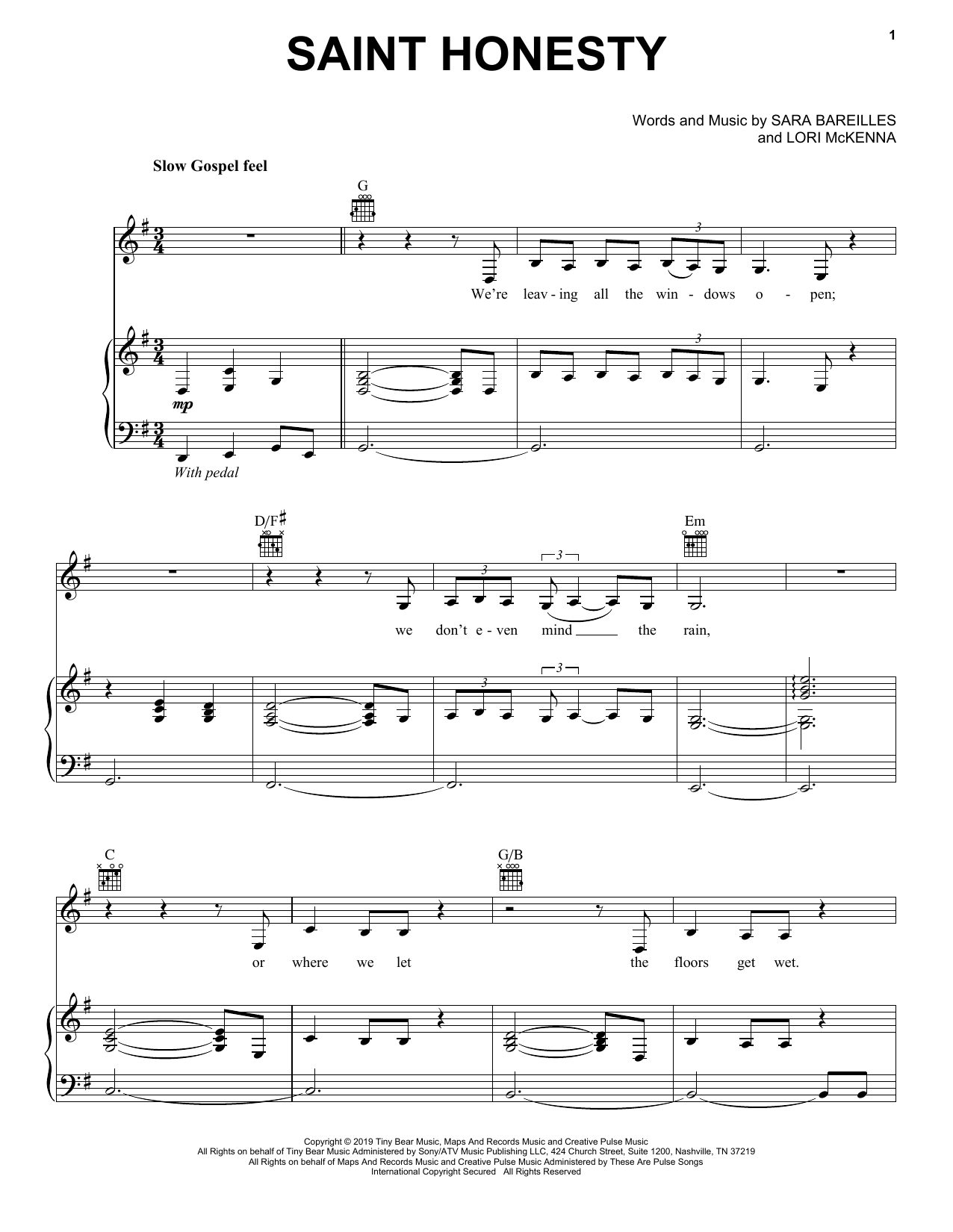 Sara Bareilles Saint Honesty sheet music notes and chords arranged for Piano, Vocal & Guitar Chords (Right-Hand Melody)