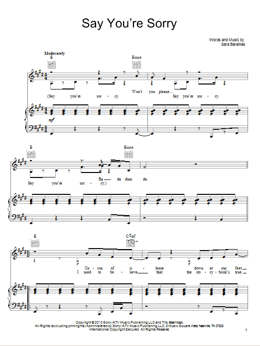 Sara Bareilles Say You're Sorry sheet music notes and chords arranged for Piano, Vocal & Guitar Chords (Right-Hand Melody)
