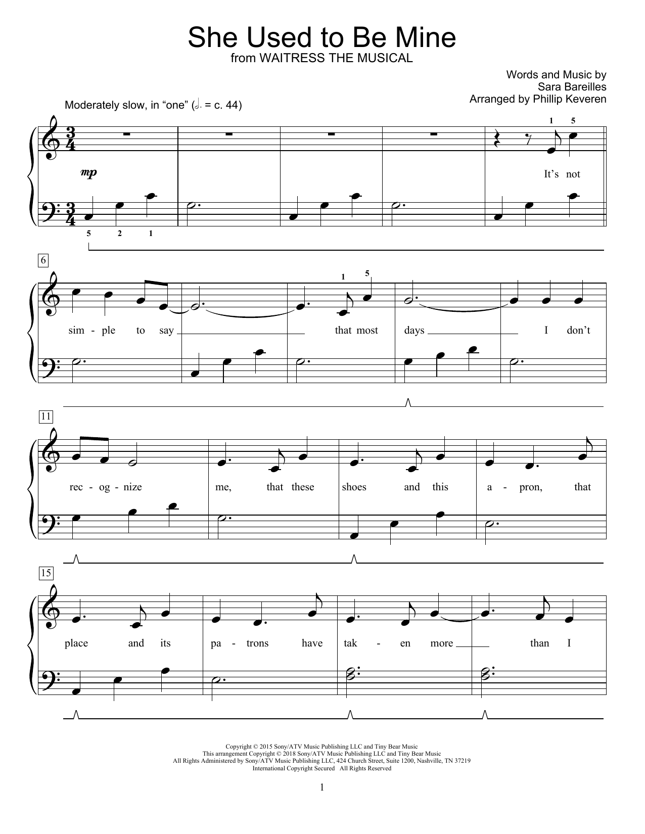 Sara Bareilles She Used To Be Mine (from Waitress) (arr. Phillip Keveren) sheet music notes and chords arranged for Educational Piano