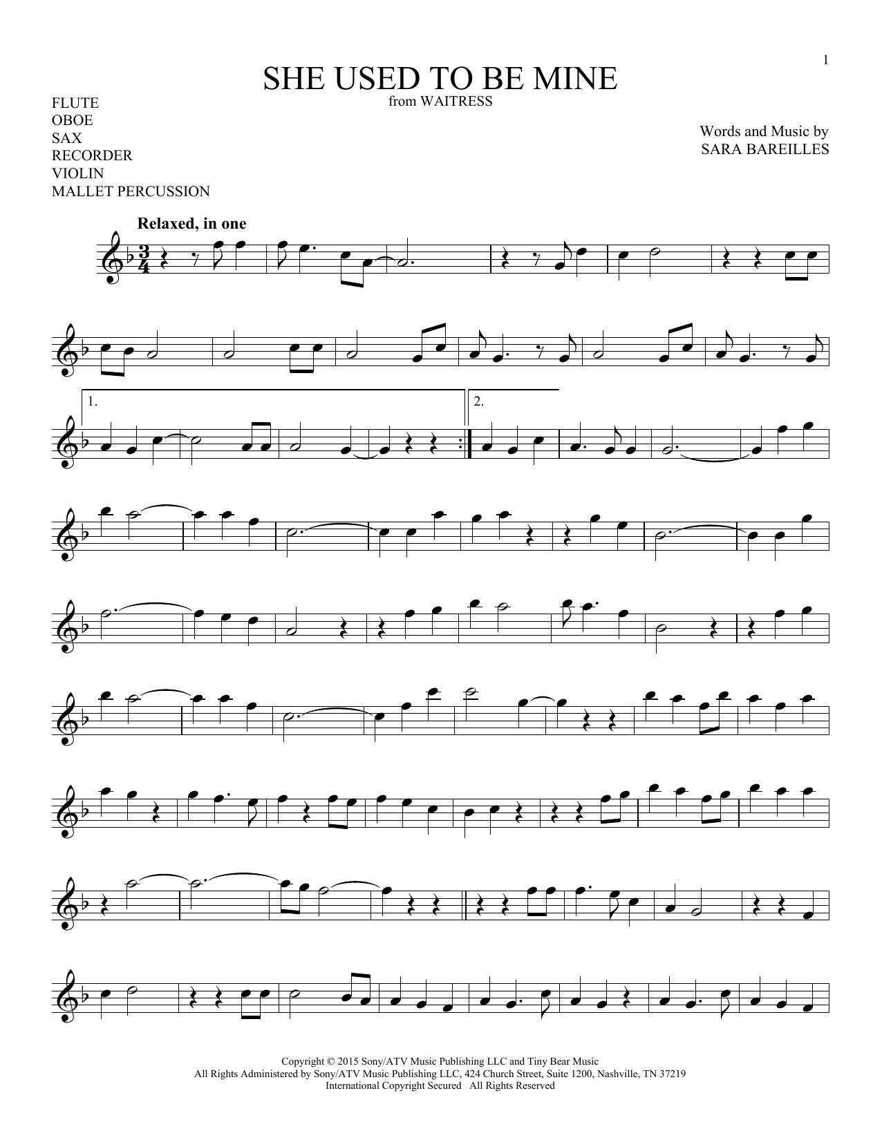 Sara Bareilles She Used To Be Mine (from Waitress) sheet music notes and chords arranged for Instrumental Solo – Treble Clef Low Range