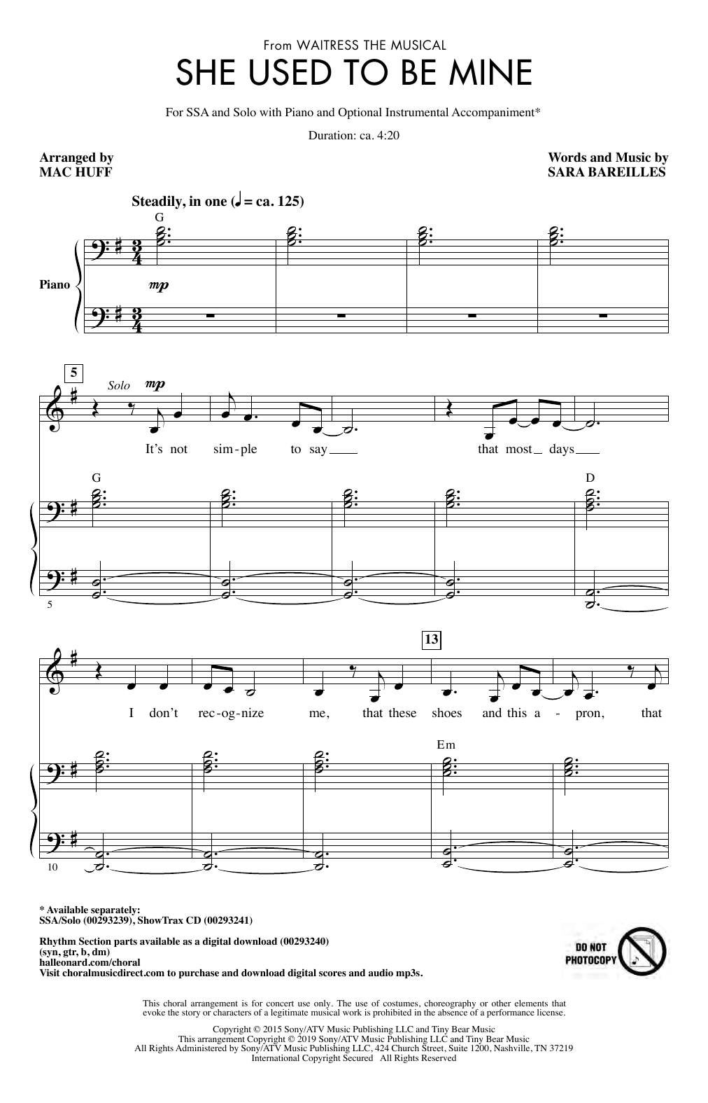 Sara Bareilles She Used To Be Mine (from Waitress the Musical) (arr. Mac Huff) sheet music notes and chords arranged for SSA Choir