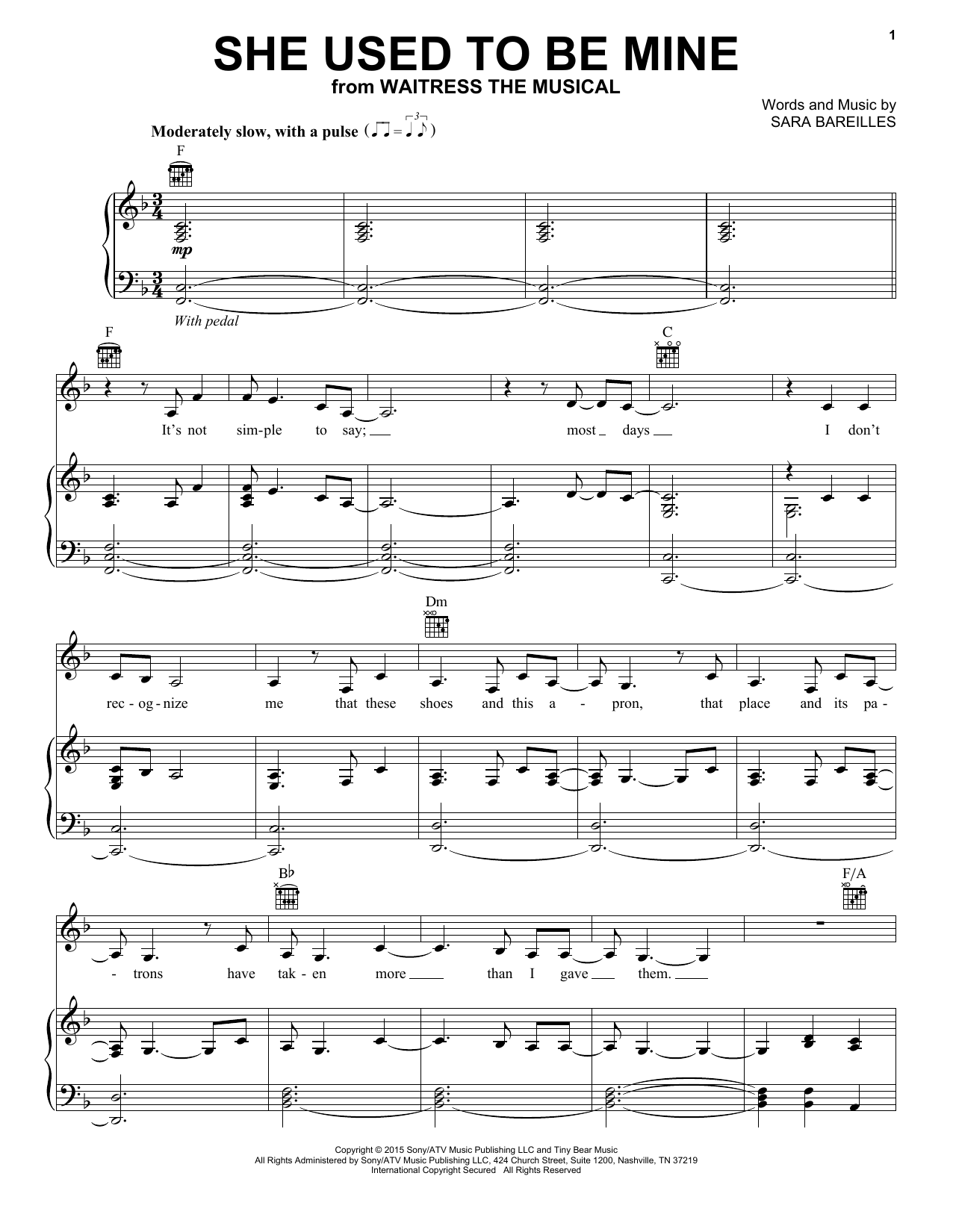 Sara Bareilles She Used To Be Mine (from Waitress The Musical) sheet music notes and chords arranged for Piano & Vocal
