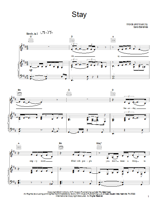 Sara Bareilles Stay sheet music notes and chords arranged for Big Note Piano