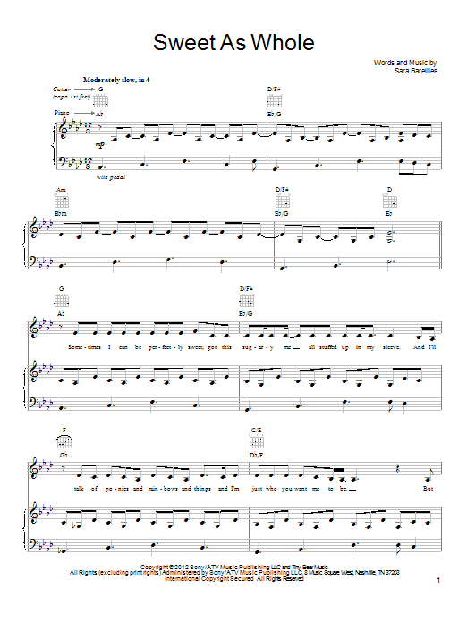 Sara Bareilles Sweet As Whole sheet music notes and chords arranged for Guitar Chords/Lyrics