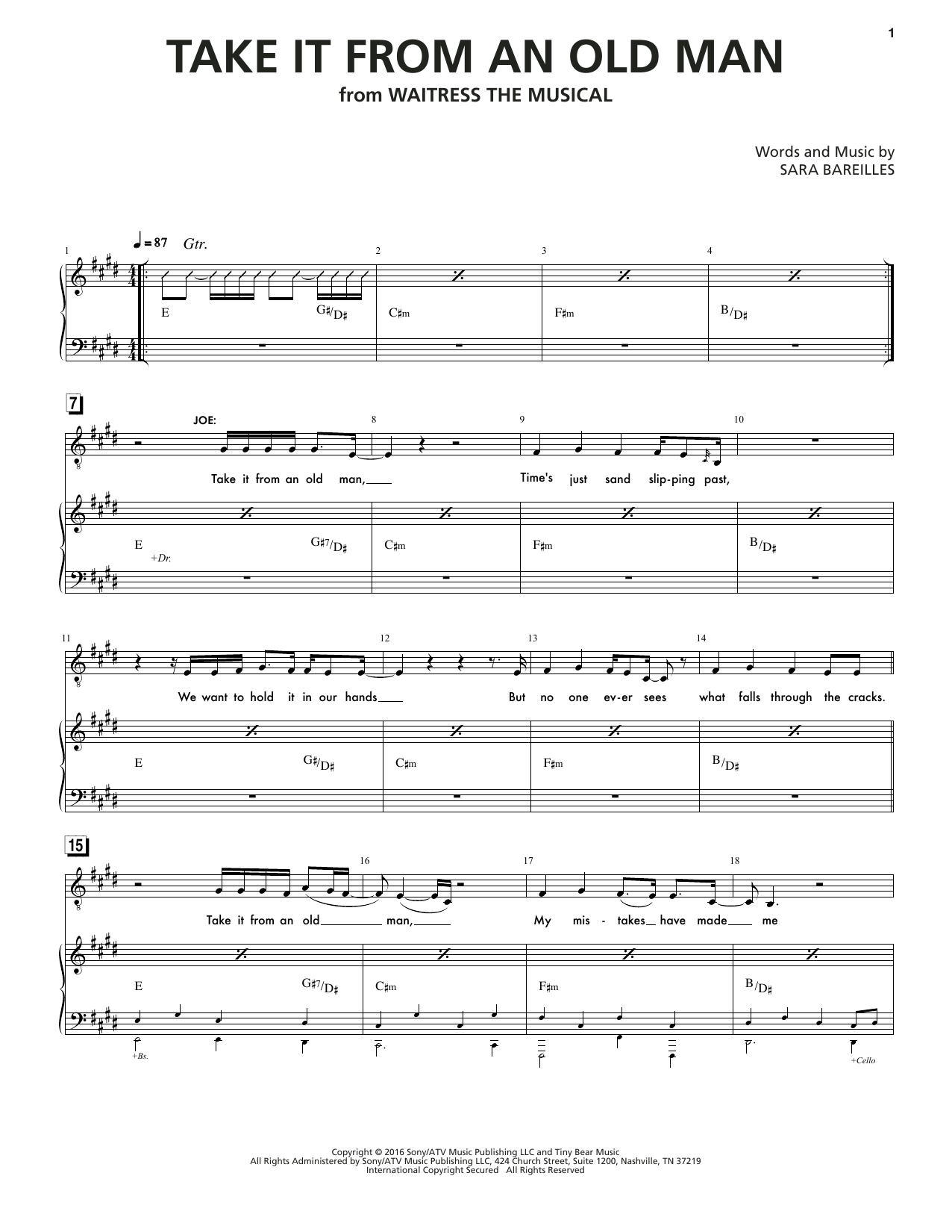 Sara Bareilles Take It From An Old Man (from Waitress The Musical) sheet music notes and chords arranged for Piano & Vocal